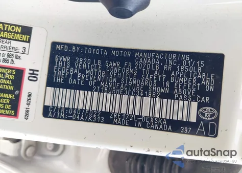 2015 Toyota Corolla S Plus z USA, uszkodzony, nr VIN 2T1BURHE3FC341862